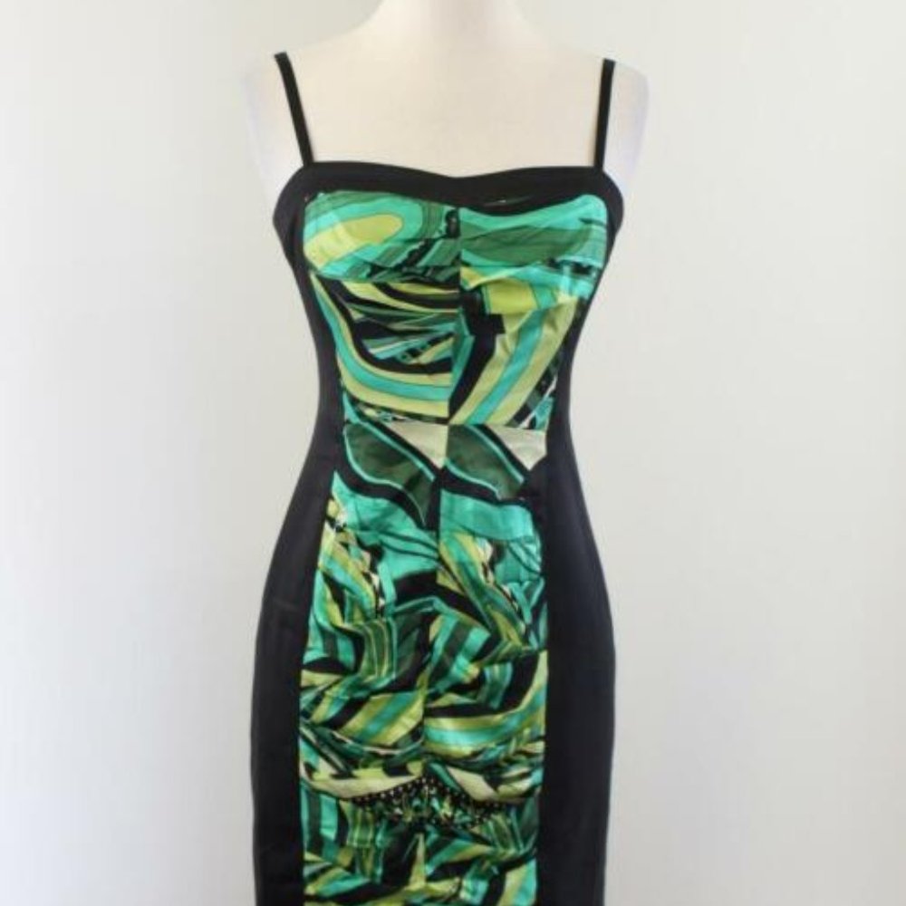 Bebe Green & Blk Satin Pencil Party Dress Sz L